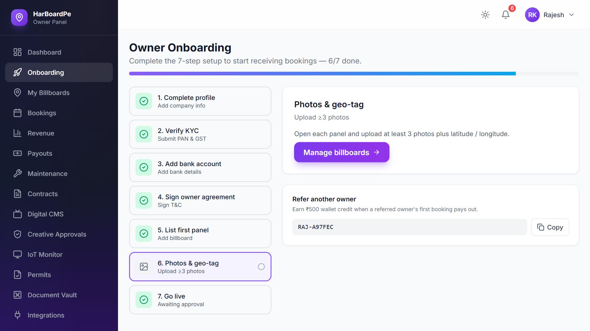 The HarBoardPe owner panel showing the seven-step onboarding checklist and the owner menu: billboards, bookings, revenue, payouts, maintenance, contracts, permits and more